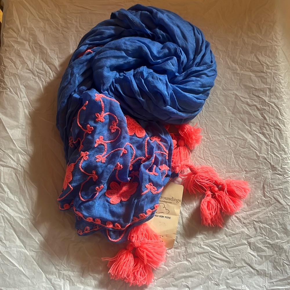 NEW Michael Stars Soft Surroundings 100% Viscose Blue Embroidered Fringe Scarf